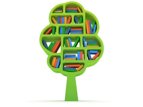 3d Tree of knowledge. Bookshelf on white. Illustrazione stock