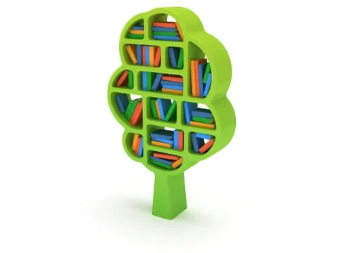 3d Tree of knowledge. Bookshelf on white. Stock Illustration