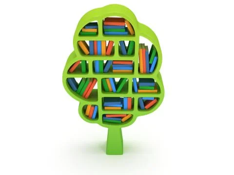 3d Tree of knowledge. Bookshelf on white. Illustrazione stock