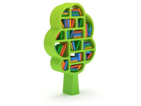 3d Tree of knowledge. Bookshelf on white. Stock Illustration