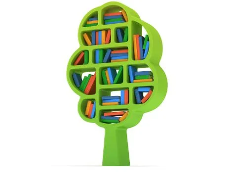 3d Tree of knowledge. Bookshelf on white. Stock Illustration