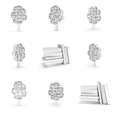 3d Tree of knowledge set. Bookshelf on white. Illustrazione stock