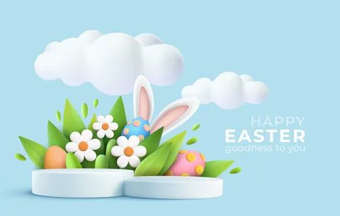 3D trendy Easter greeting with 3d product podium, spring flower, cloud, Easter Stock Illustration