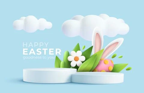 3D trendy Easter greeting with 3d product podium, spring flower, cloud, Easter Illustrazione stock