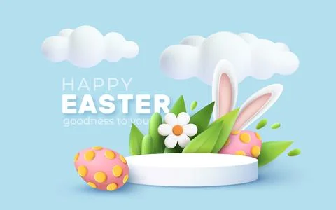 3D trendy Easter greeting with 3d product podium, spring flower, cloud, Easter Illustrazione stock