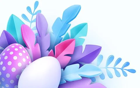 3D trendy Realistic Easter greeting card, banner with flowers, Easter eggs Stock Illustration