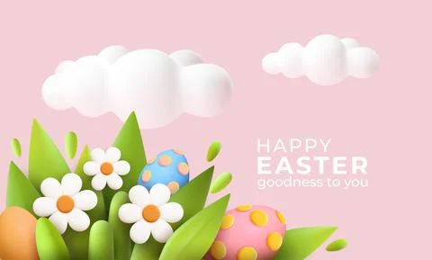 3D trendy Realistic Easter greeting card, banner with flowers, Easter eggs and Stock Illustration