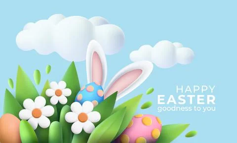3D trendy Realistic Easter greeting card, banner with flowers, Easter eggs and Illustrazione stock