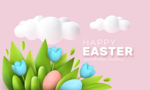 3D trendy Realistic Easter greeting card, banner with flowers, Easter eggs and Stock Illustration