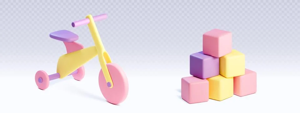 3D tricycle and stack of color cubes Illustrazione stock