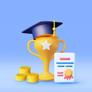 3D Trophy, Graduation Cap and Diploma with Money Stock Illustration