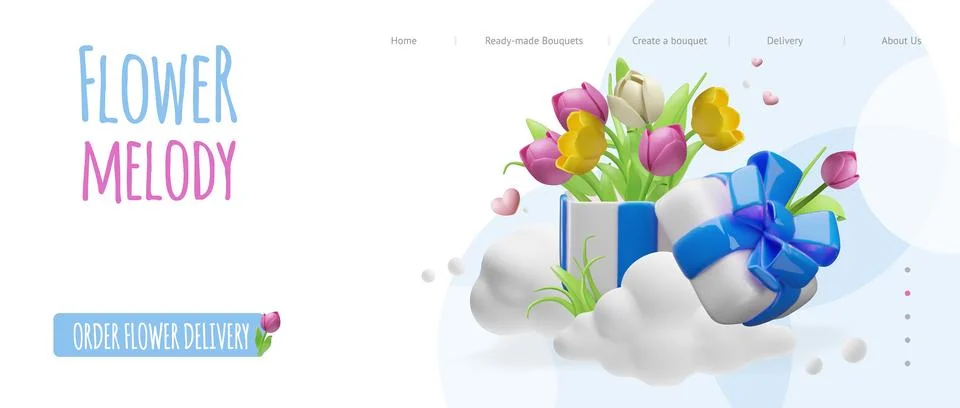 3D tulip flowers in white gift box with blue bow, flower melody order flower Stock Illustration