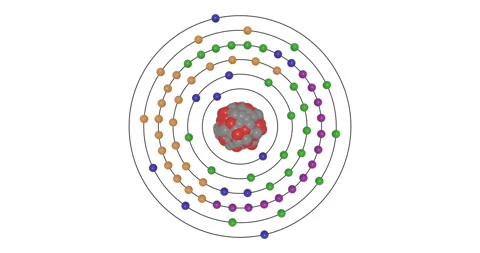 3D Tungsten (W; Z=74) Atom Bohr Model with Subshell Electron Orbits,Nucleus and Stock Footage 333215942