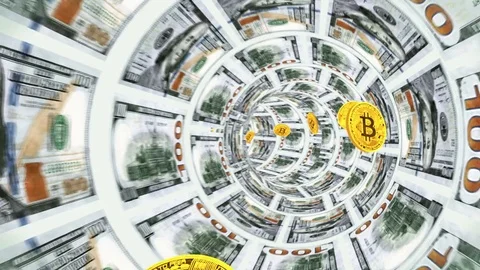 3D Tunnel of dollars and flying back bitcoins Stock Footage 83375615