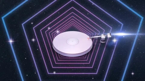 3D turntable rotating, tonearm lowering stylus and initiating inward sweep to Stock Footage 338365791