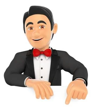3D Tuxedo man pointing down. Blank space Stock Illustration
