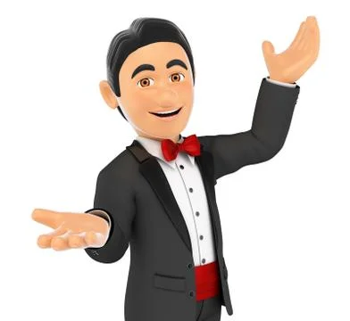 3D Tuxedo man presenting something with their hands up Stock Illustration