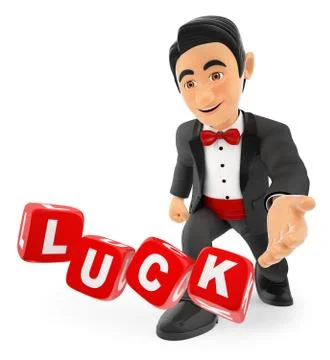 3D Tuxedo man throwing dice with the luck word Stock Illustration