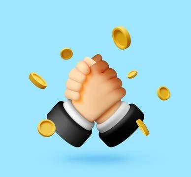 3D Two businessmen shaking hands with gold coins Stock Illustration