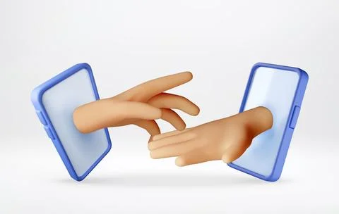 3D Two hands reaching out from smartphone to touch Stock Illustration