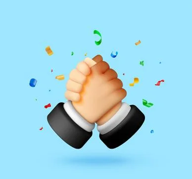 3D Two hands shaking in a firm grip with confetti. Stock Illustration