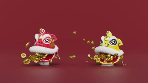 3d two lion dance head with chinese gold ingot, coin for festive chinese ne.. Video stock 261846982