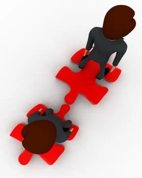 3d two men stand on red puzzle piece on opposite side concept Stock Illustration