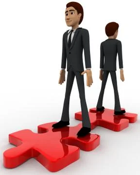 3d two men stand on red puzzle piece on opposite side concept Illustrazione stock