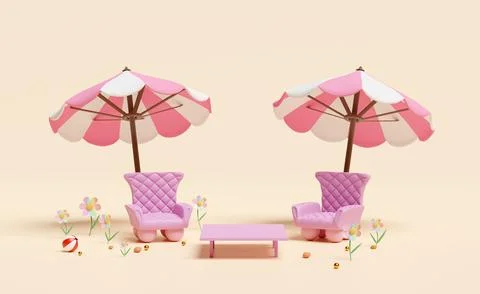 3d two sofa chair with pink umbrella or parasol, sofa chair, flower, coffee.. Ilustração Stock