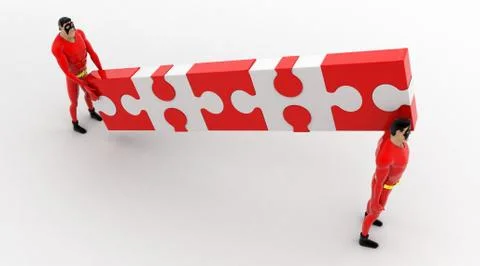 3d two superhero carry connceted puzzle pieces concept Stock Illustration