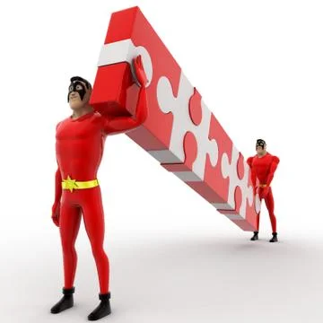 3d two superhero carry connceted puzzle pieces concept Stock Illustration