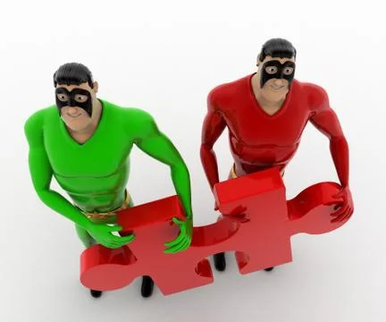3d two superhero s holding red jigsaw puzzle piece concept Stock Illustration