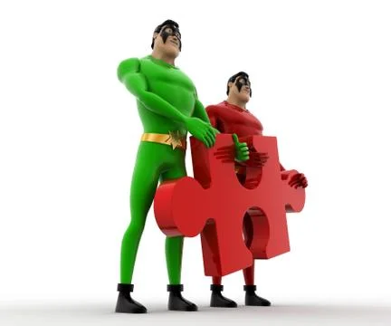 3d two superhero s holding red jigsaw puzzle piece concept Stock Illustration