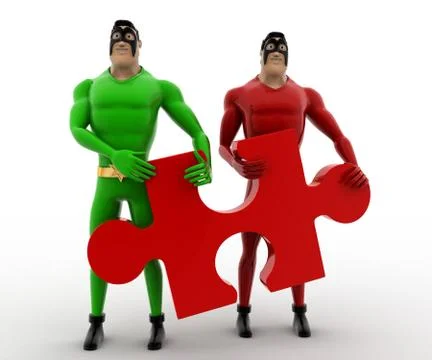 3d two superhero s holding red jigsaw puzzle piece concept Stock Illustration