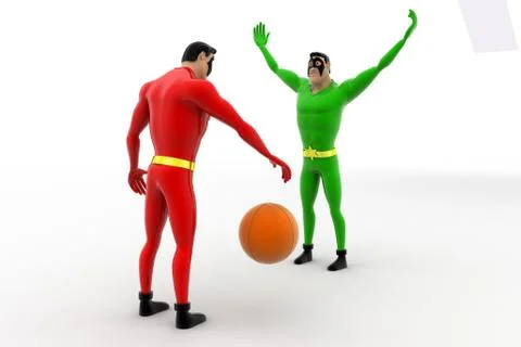 3d two superheros playing with ball concept Stock Illustration