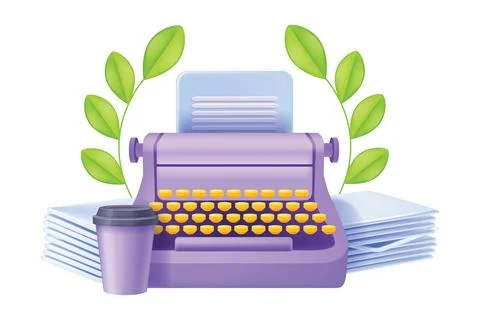 3D typewriter vector poet success icon, old typing machine literature poetry Stock Illustration