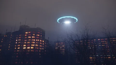 3d UFO at night over the city Stock Footage
