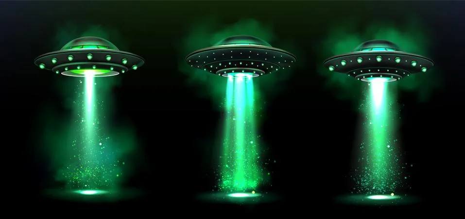 3d UFO, vector alien space ships with light beam Stock Illustration