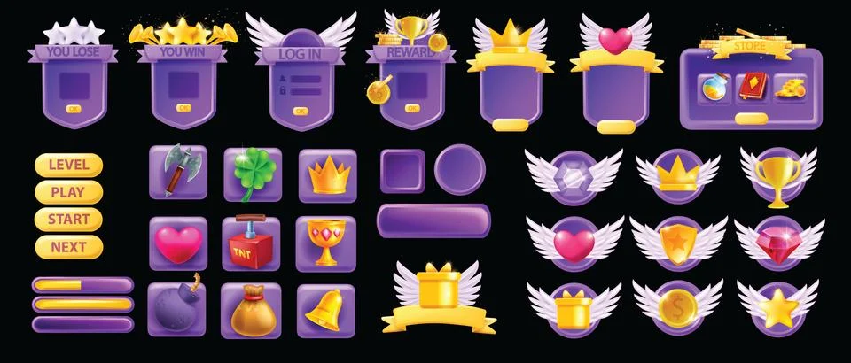 3D UI game asset set, GUI button interface vector design elements Stock Illustration