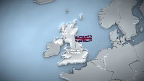 3D UK Map With Union Jack Flag Pin And Glowing Topography (16:9) Vídeos de archivo 340168975