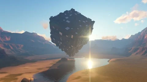 3d unknown object in the form of a cube hovering over the gorge Stock Footage 68631328