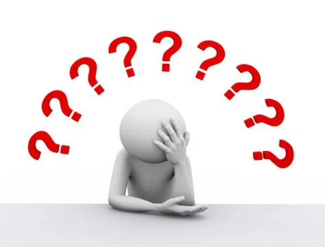 3d upset man and question marks illustration Stock Illustration