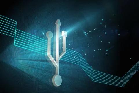 3D USB icon is floating in virtual circuit board environment, featuring neon Stock Illustration