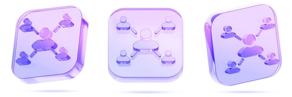 3D user network connection icon set - glass hologram square badge with people Stock Illustration