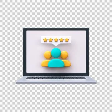 3D users with stars on laptop screen. Online reviews concept in 3d style.. Stock Illustration