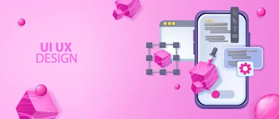 3D UX design banner, vector UI web page, smartphone screen, program interface 스톡 일러스트