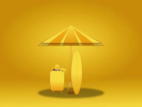 3D vacation with umbrella, bag, camera, goggles, mobile and cap Stock Illustration