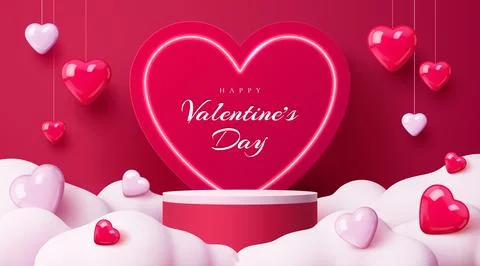 3d Valentine podium stage with red pink balloons Stock Illustration
