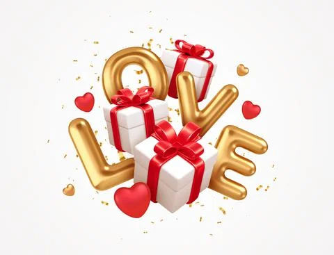 3D Valentines Day gift boxes with red bows. Gold word Love 3D realistic on the Stock Illustration