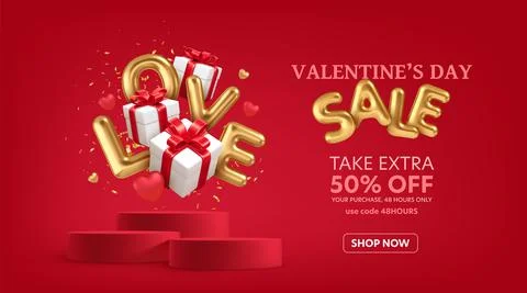 3D Valentines Day gift boxes with red bows. Gold word Love 3D realistic on the Stock Illustration